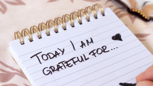 Open spiral notebook with the handwritten phrase ‘Today I am grateful for…’ and a small heart emoji symbol.