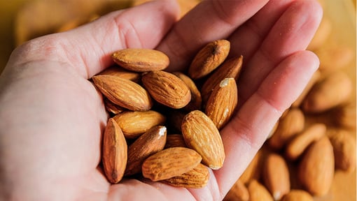 Close-up of a hand holding a small handful of raw almonds