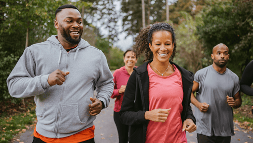a group of runners jogging on an outdoor path, the man in woman in front are smiling. 