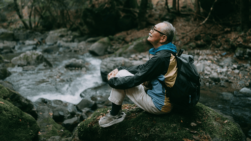 A man sitting on a rock next to a stream in the woods, he is looking up at the trees. 
