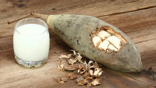 Baobab fruit next to a glass filled with a liquid with Baobab powder in it.