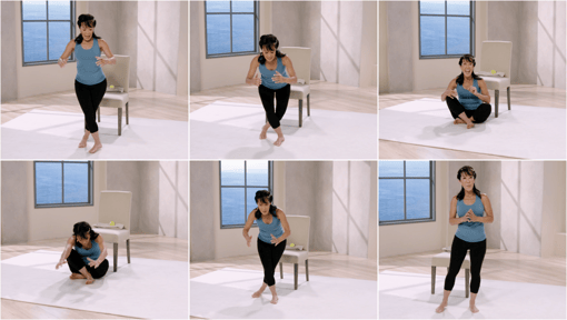 -panel balance and mobility sequence showing a person lowering to the ground to a seated position then returning to a standing position.