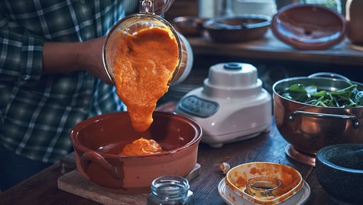 Blended vegetable soup being prepared as a kid-friendly healthy meal.